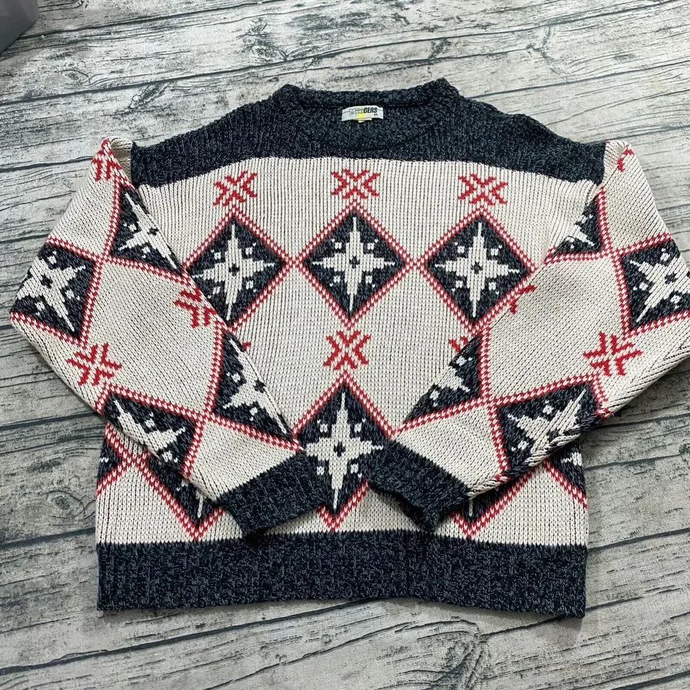 Mergers Vtg 80s Imported Fabric Argyle Star Snowflake Pattern Knit Sweater Retro